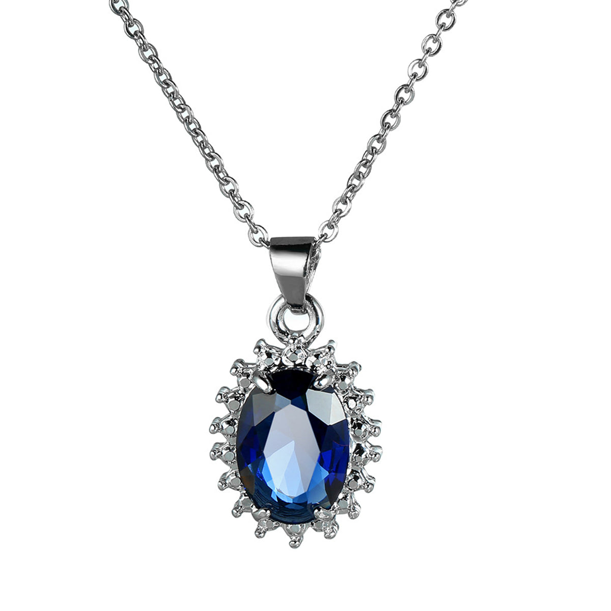 Navy Crystal & Silver-Plated Oval Pendant Necklace