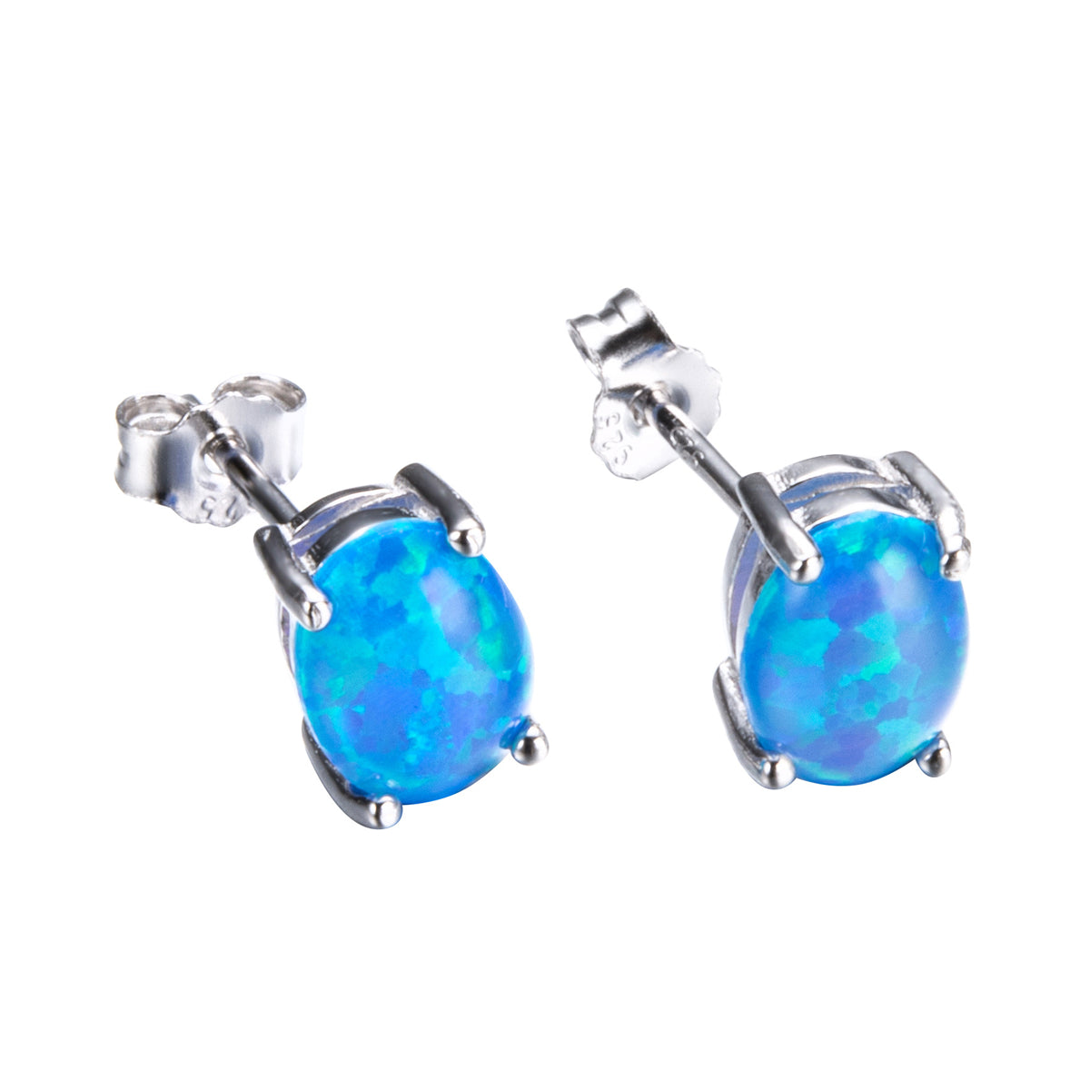 Blue Opal & Silver-Plated Oval Stud Earrings