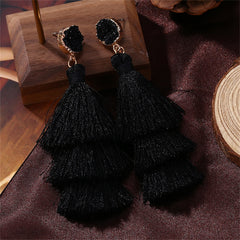 Black Tri-Layered Tassel Drop Earrings