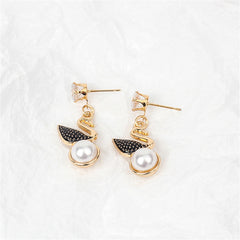 Cubic Zirconia & Pearl 18K Gold-Plated Swan Drop Earring