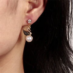 Cubic Zirconia & Pearl 18K Gold-Plated Swan Drop Earring