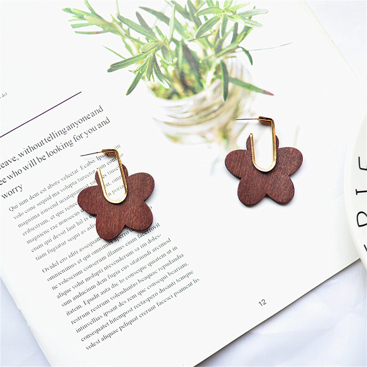 Coffee Wood & 18K Gold-Plated Flower Huggie Earrings