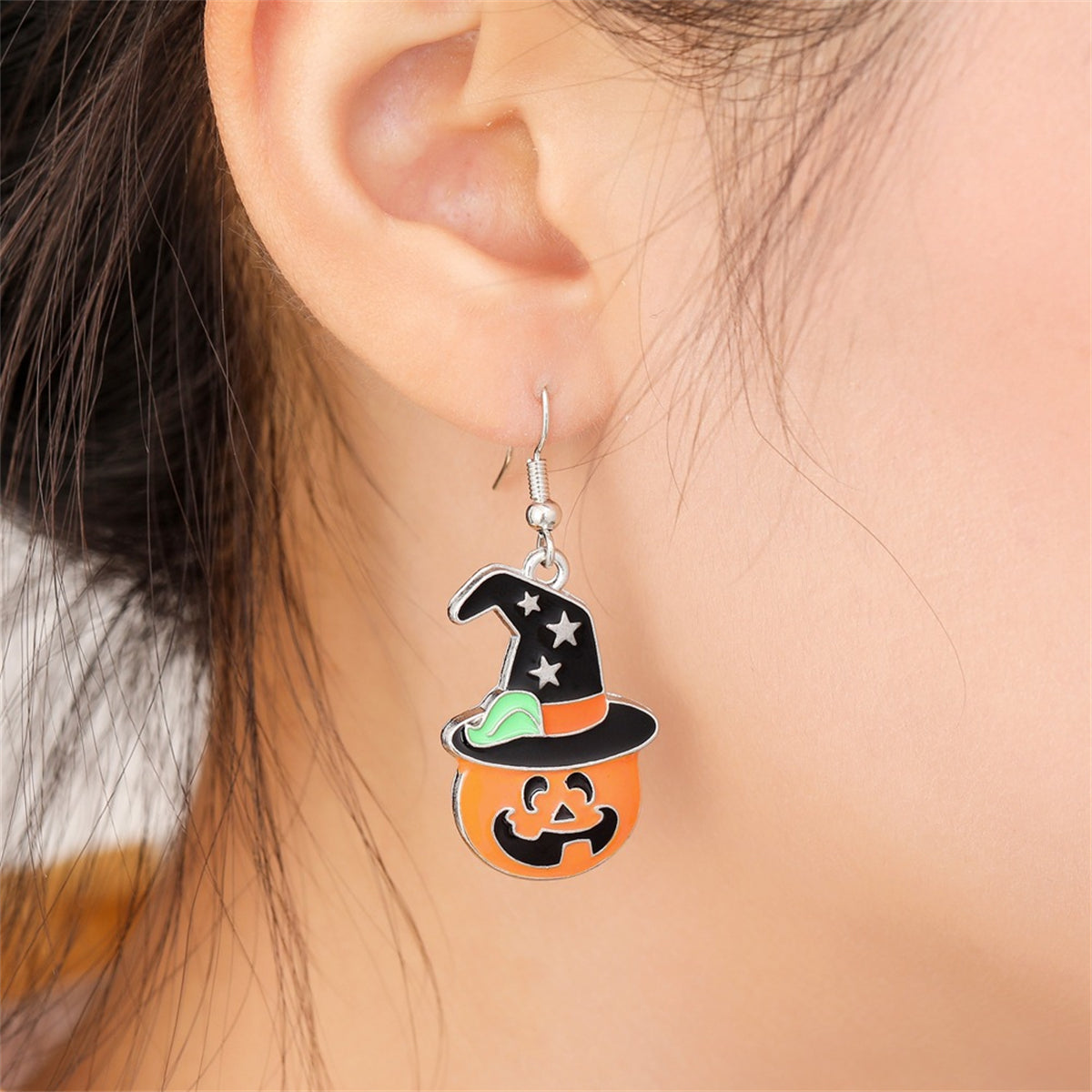 Orange Enamel & Silver-Plated Jack-O'-Lantern Hat Drop Earrings