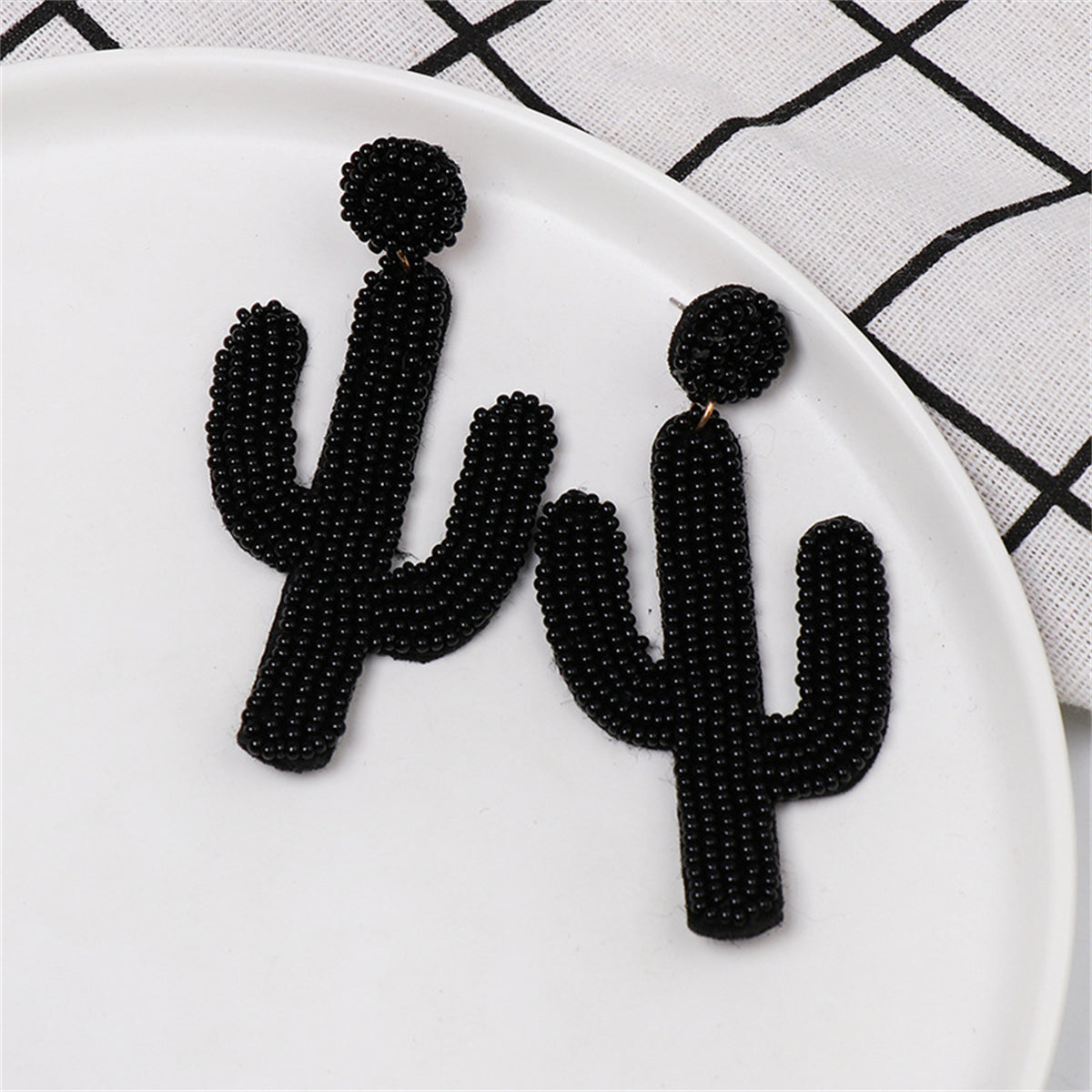 Black Howlite Beaded Cactus Drop Earrings