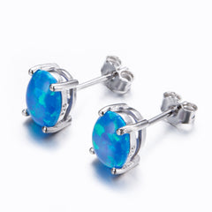 Blue Opal & Silver-Plated Oval Stud Earrings