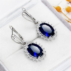 Navy Crystal & Silver-Plated Oval Drop Earrings