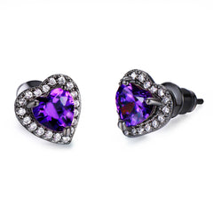 Purple Crystal & Cubic Zirconia Rhodium-Plated Halo Heart Stud Earrings