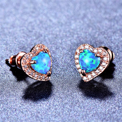 Blue Opal & Cubic Zirconia Silver-Plated Halo Heart Stud Earrings