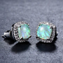 Green Princess Opal & Silver-Plated Halo Stud Earrings