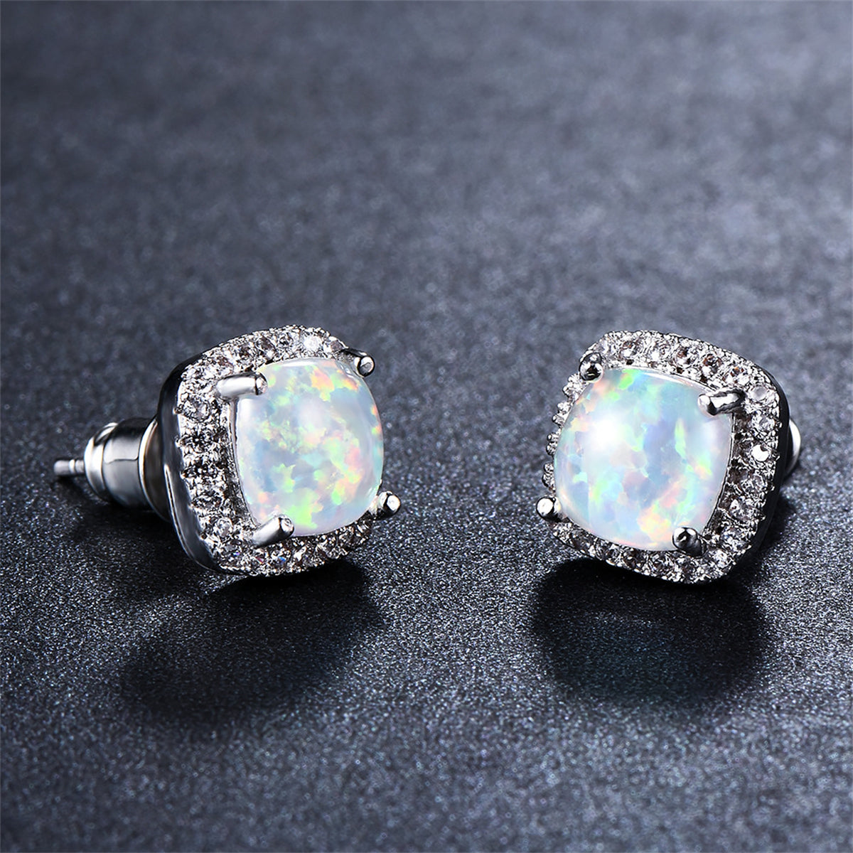 Princess Opal & Cubic Zirconia Silver-Plated Halo Stud Earrings