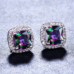 Colored Princess Crystal & Cubic Zirconia Silver-Plated Halo Stud Earrings