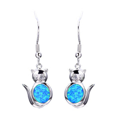 Blue Opal & Silver-Plated Cat Drop Earrings