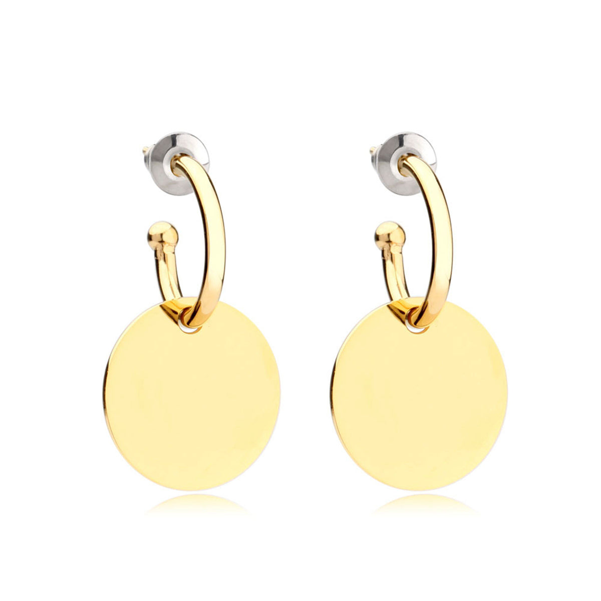 Elegant 18K gold-plated circle huggie earrings featuring a chic design with a circle and a small disc for a stylish look.