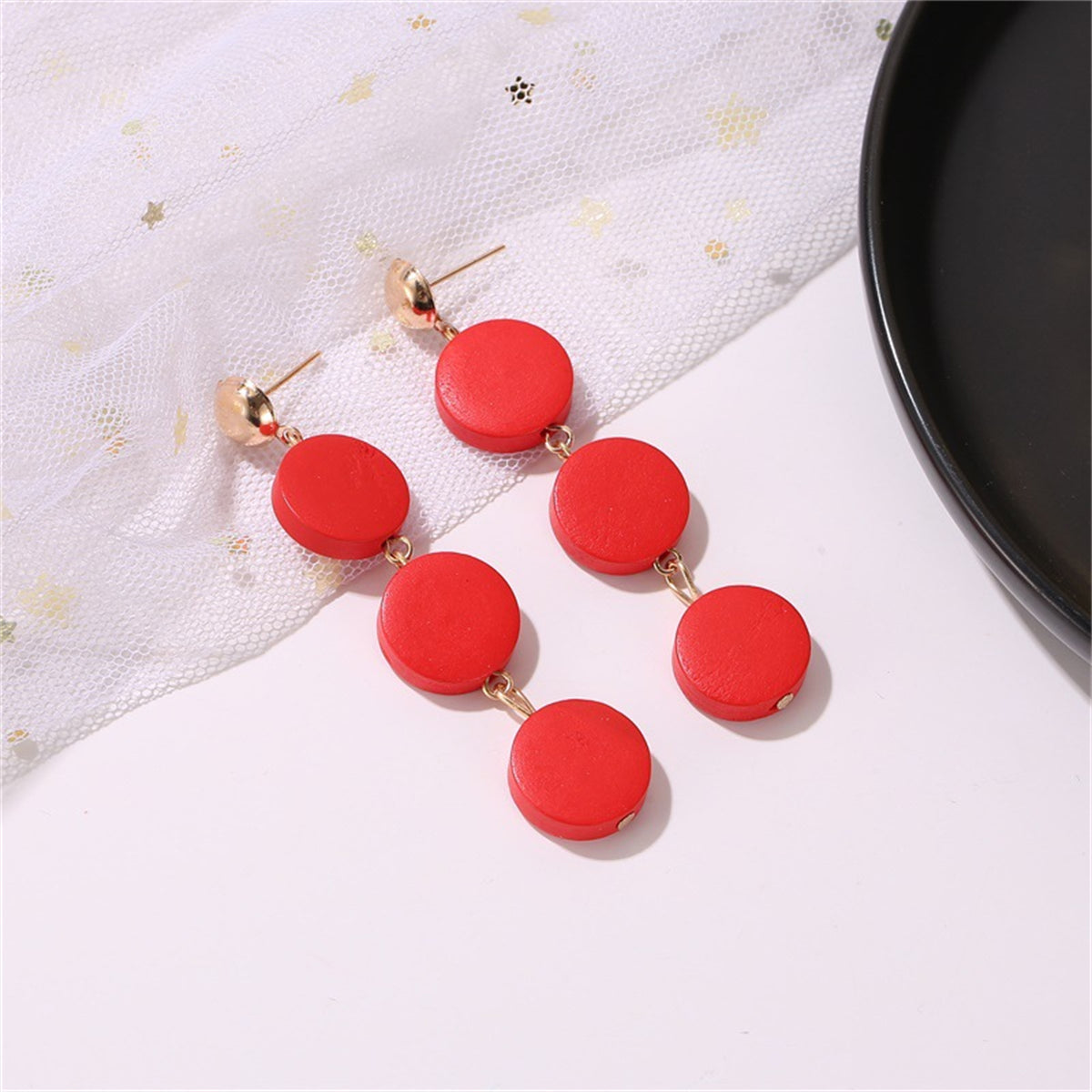 Red Wood & 18K Gold-Plated Tiered Round Drop Earrings