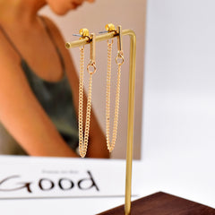 Beautiful 18K gold-plated chain drop earrings showcasing a delicate chain connection, ideal for a fashionable statement.