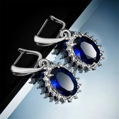 Navy Crystal & Silver-Plated Oval Drop Earrings