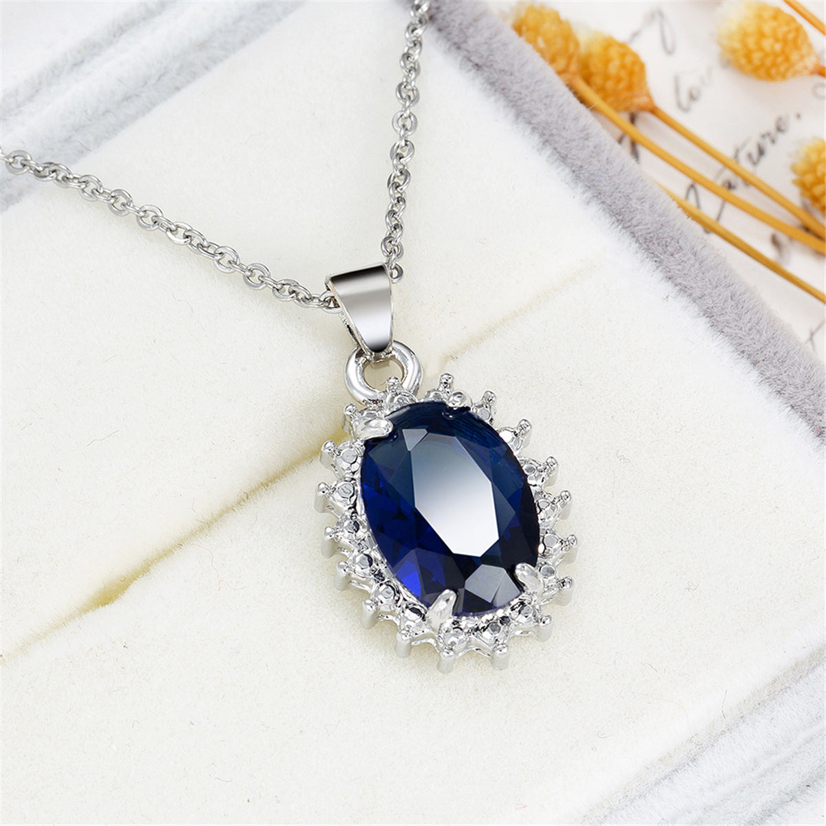 Navy Crystal & Silver-Plated Oval Pendant Necklace