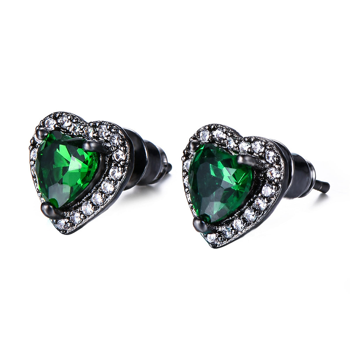 Green Crystal & Cubic Zirconia Rhodium-Plated Halo Heart Stud Earrings