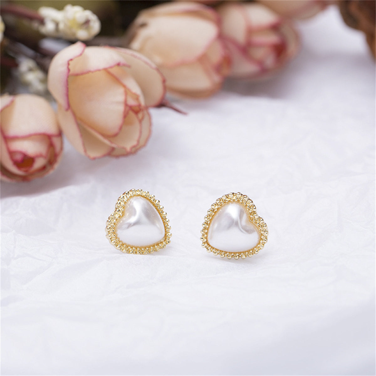 Pearl & 18K Gold-Plated Heart Stud Earrings