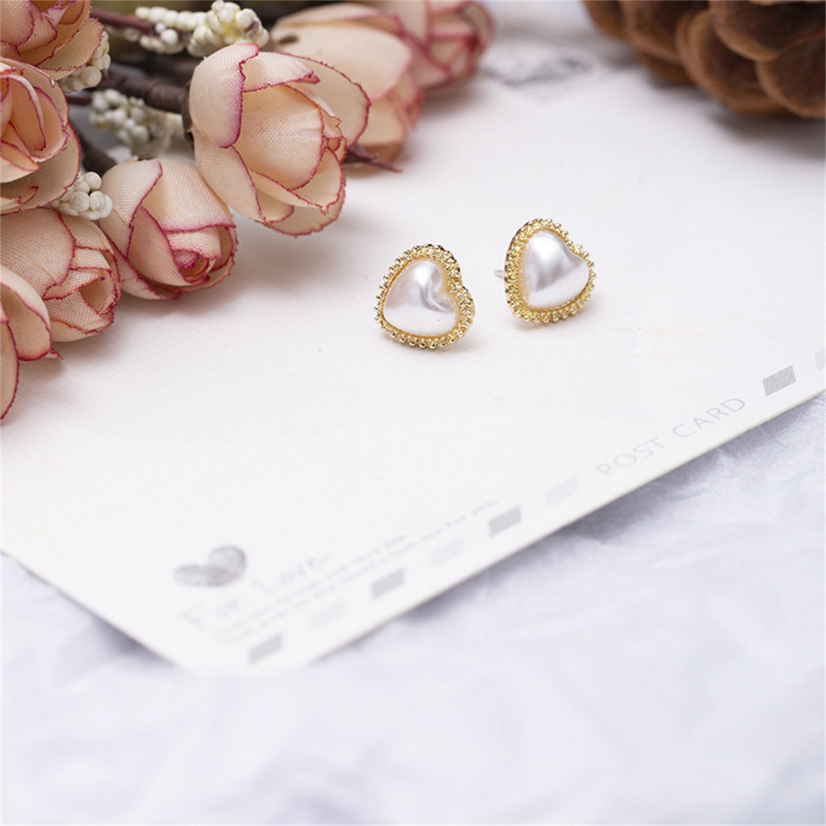 Pearl & 18K Gold-Plated Heart Stud Earrings