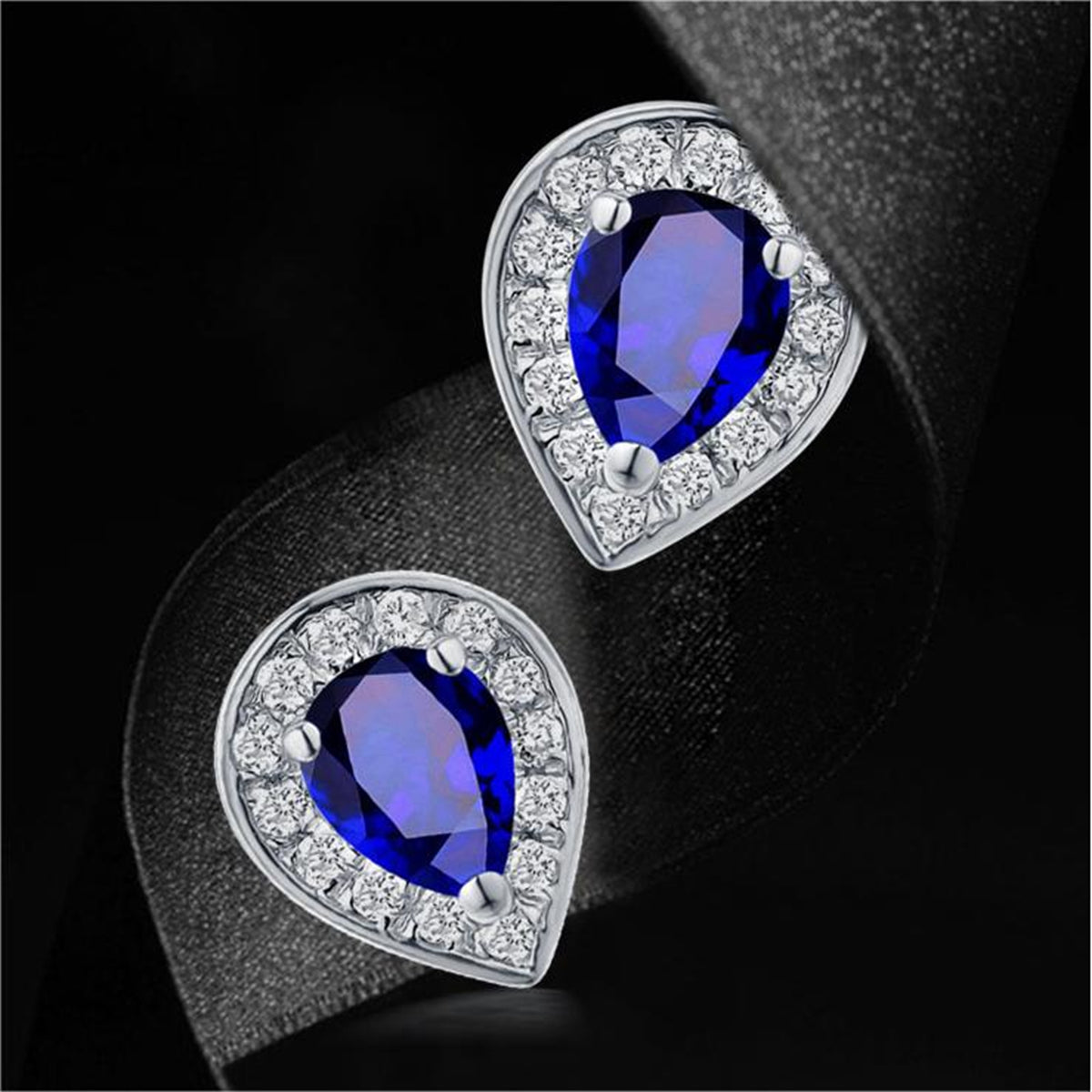 Blue Crystal & Cubic Zirconia Silver-Plated Pear Halo Stud Earrings