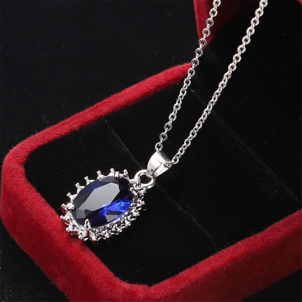 Navy Crystal & Silver-Plated Oval Pendant Necklace