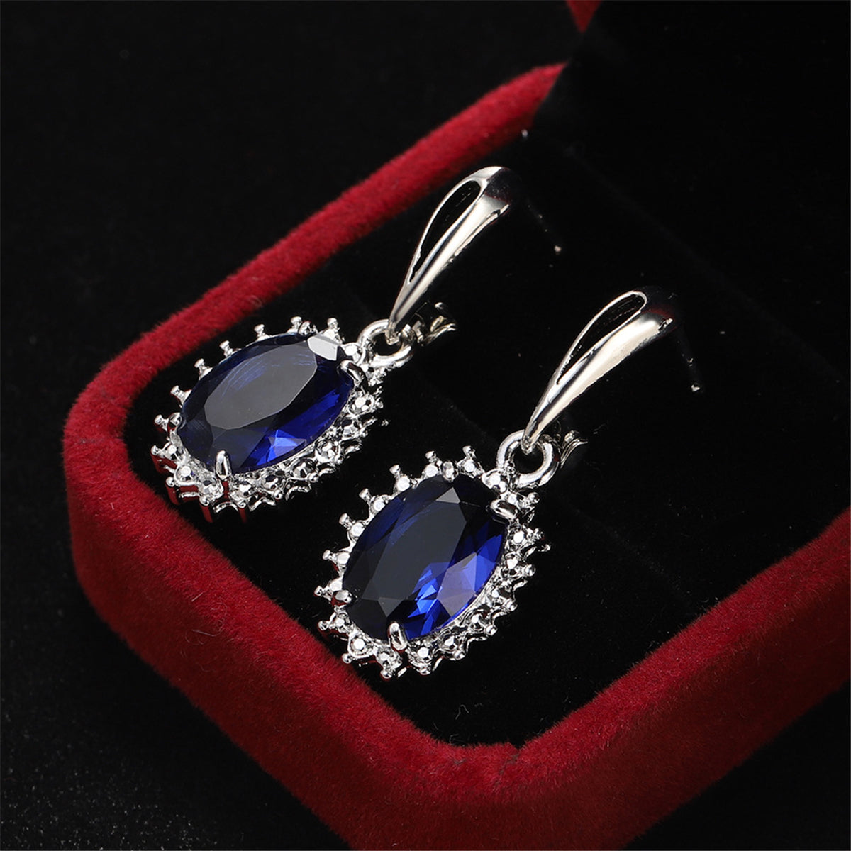 Navy Crystal & Silver-Plated Oval Drop Earrings