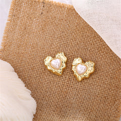 Pearl & 18K Gold-Plated Textured Heart Stud Earrings