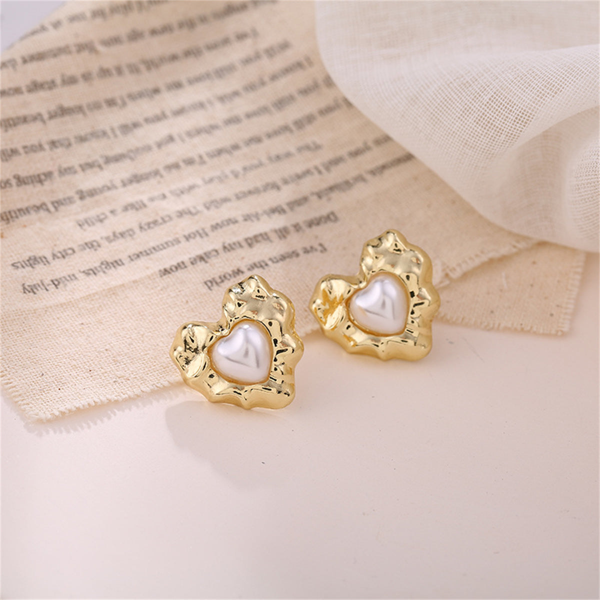 Pearl & 18K Gold-Plated Textured Heart Stud Earrings