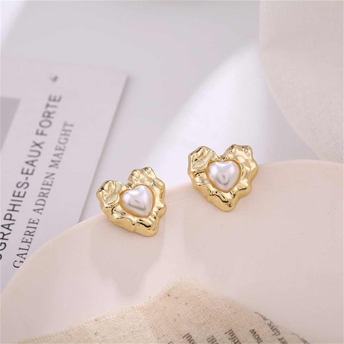 Pearl & 18K Gold-Plated Textured Heart Stud Earrings