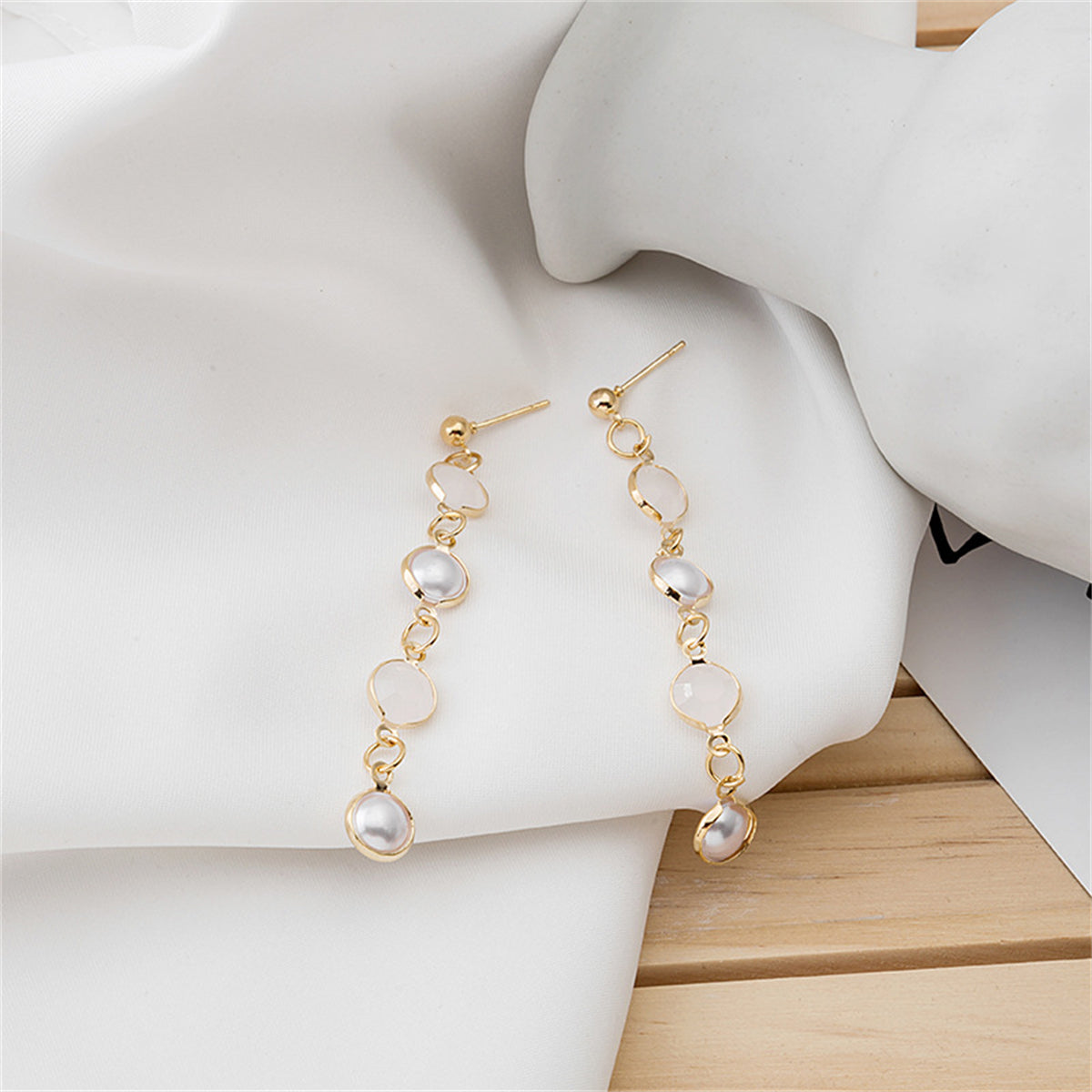 Cubic Zirconia & Pearl Linked Four-Tier Drop Earrings