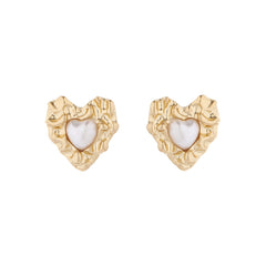 Pearl & 18K Gold-Plated Textured Heart Stud Earrings