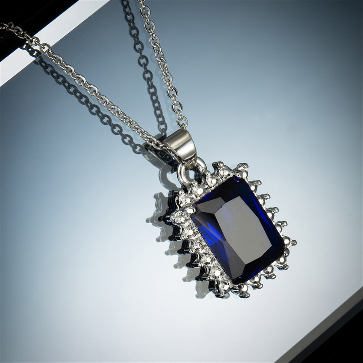 Navy Crystal & Silver-Plated Radiant-Cut Halo Pendant Necklace