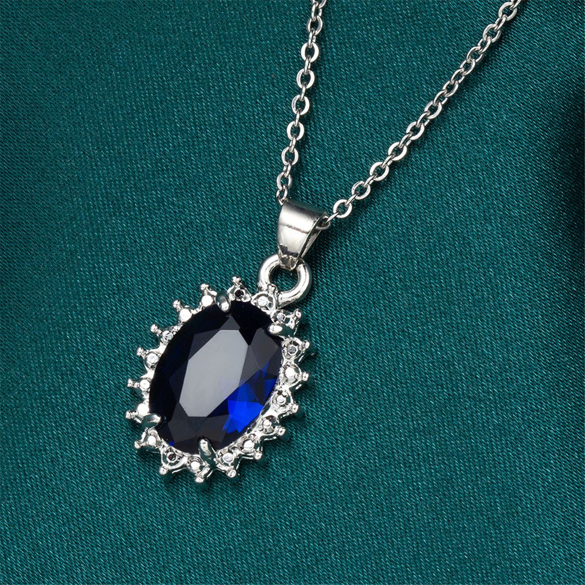 Navy Crystal & Silver-Plated Oval Pendant Necklace