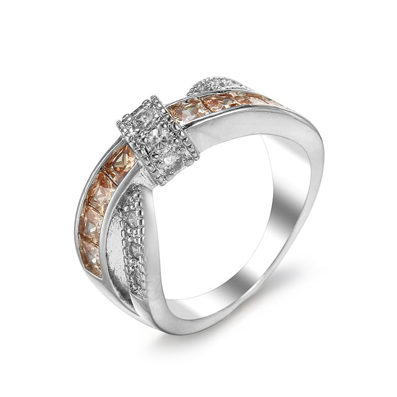 Champagne Crystal & Cubic Zirconia Crossing Line Ring