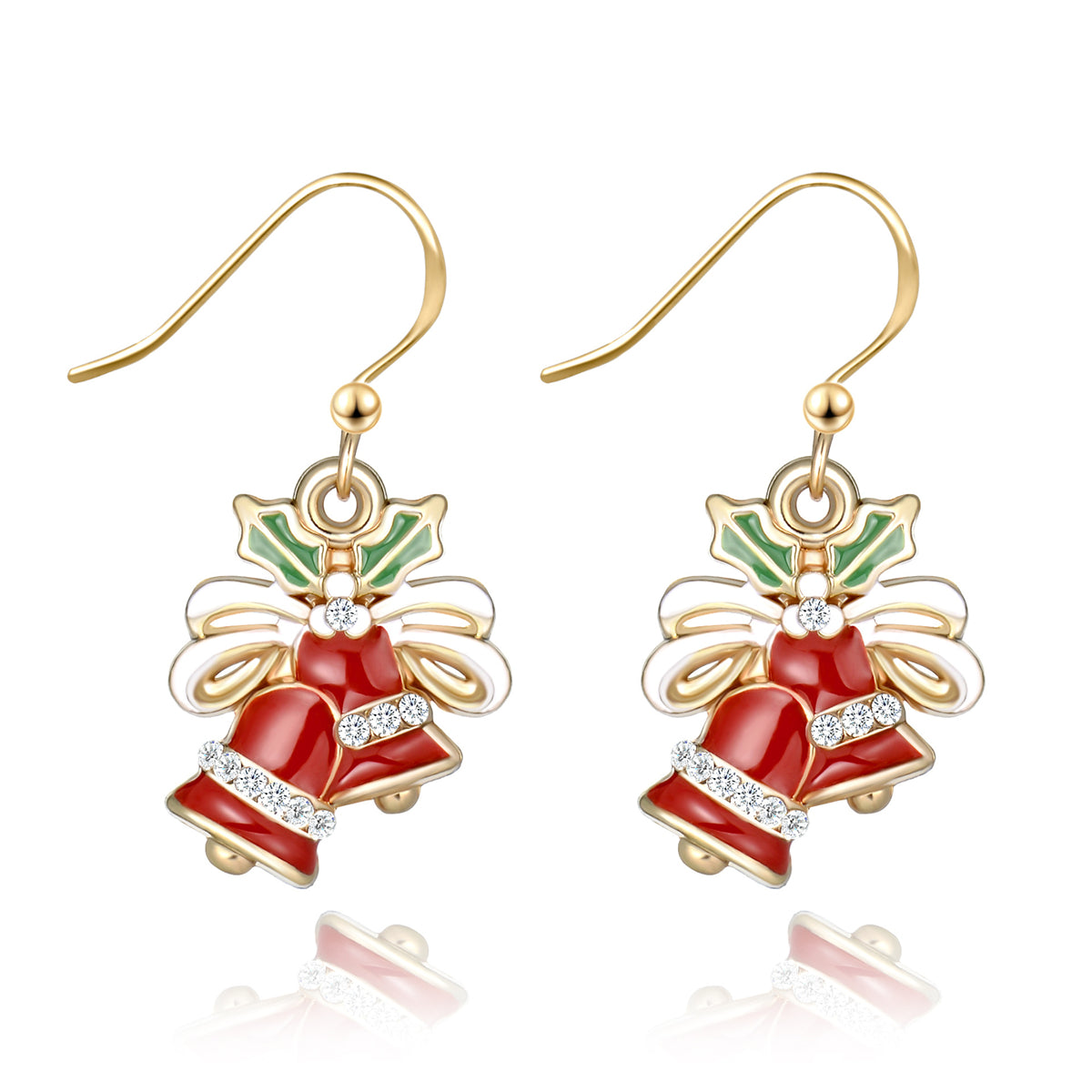 Cubic Zirconia & Red Enamel Jingle Bell Drop Earrings