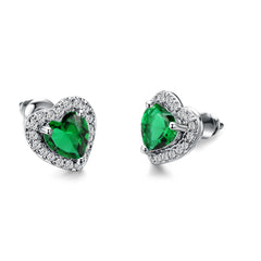 Green Crystal & Cubic Zirconia Silver-Plated Halo Heart Stud Earrings