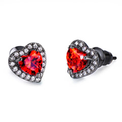 Red Crystal & Cubic Zirconia Rhodium-Plated Halo Heart Stud Earrings