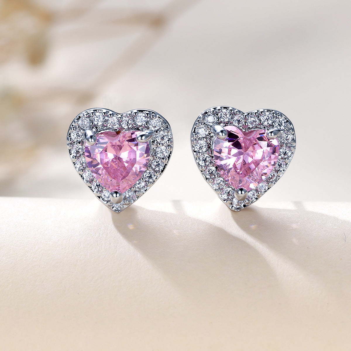 Pink Crystal & Cubic Zirconia Silver-Plated Halo Heart Stud Earrings