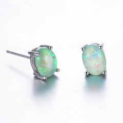 Green Opal & Silver-Plated Oval Stud Earrings