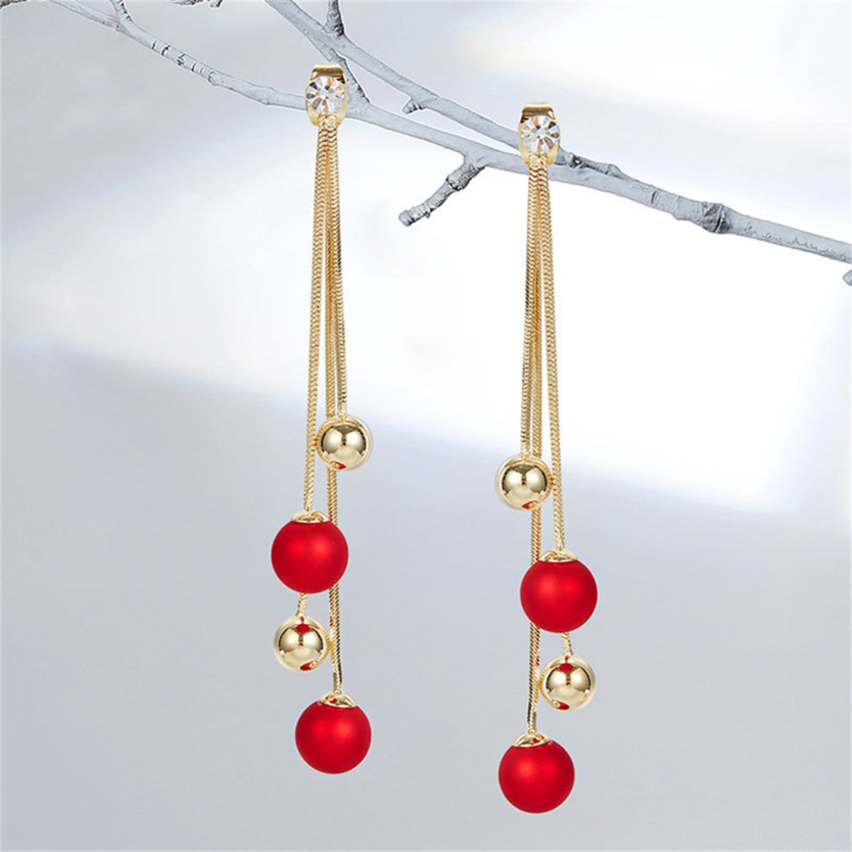 Red Resin & Cubic Zirconia 18K Gold-Plated Ball Tassel Drop Earrings