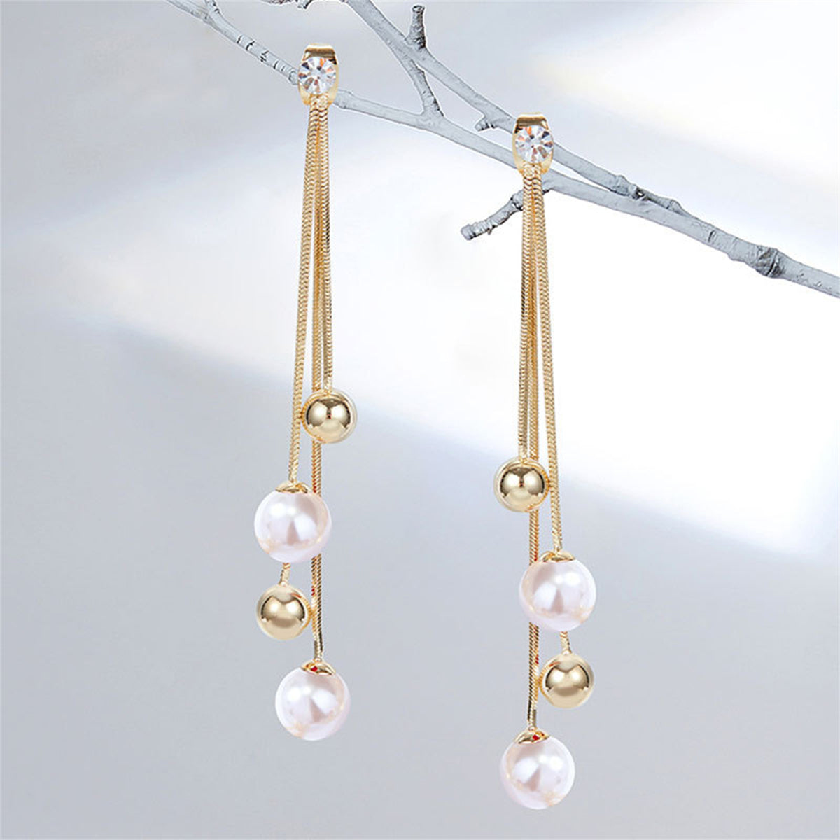 Pearl & Cubic Zirconia 18K Gold-Plated Ball Tassel Drop Earrings