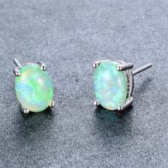 Green Opal & Silver-Plated Oval Stud Earrings