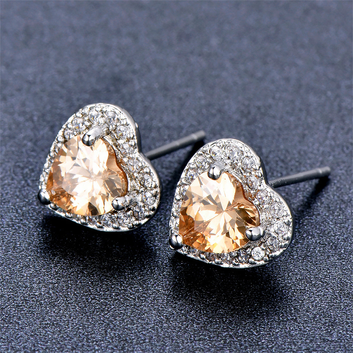 Champagne Crystal & Cubic Zirconia Silver-Plated Halo Heart Stud Earrings