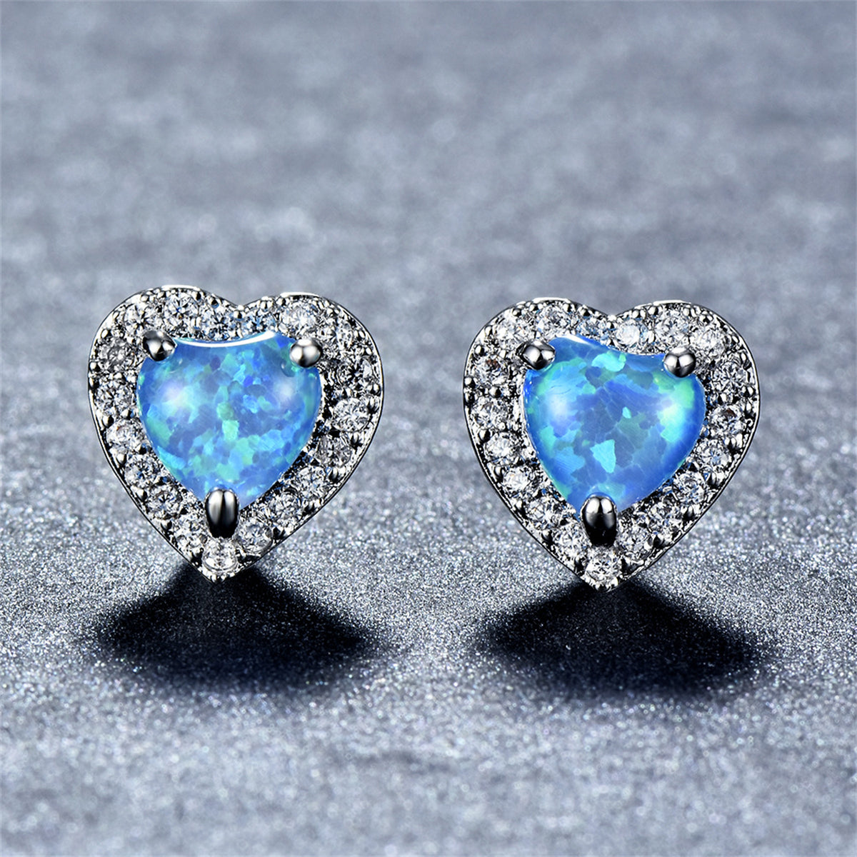 Blue Opal & Cubic Zirconia Silver-Plated Halo Heart Stud Earrings