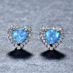 Blue Opal & Cubic Zirconia Silver-Plated Halo Heart Stud Earrings