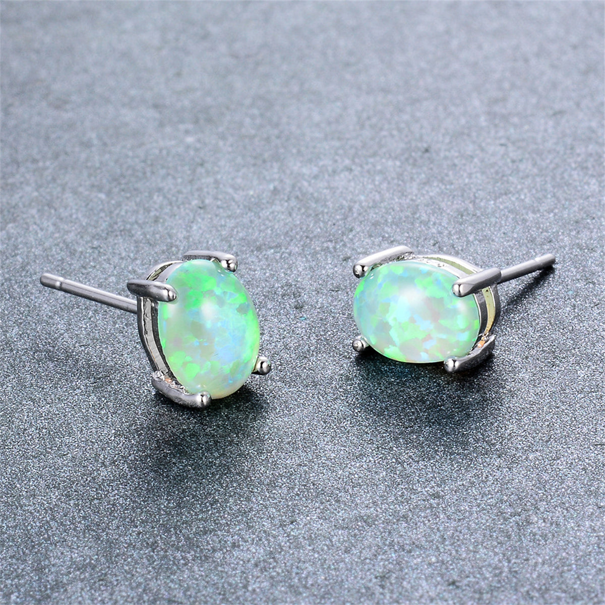 Green Opal & Silver-Plated Oval Stud Earrings