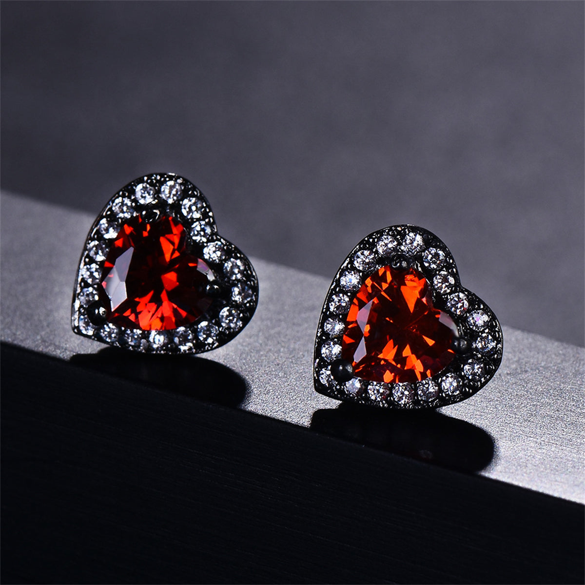 Red Crystal & Cubic Zirconia Rhodium-Plated Halo Heart Stud Earrings