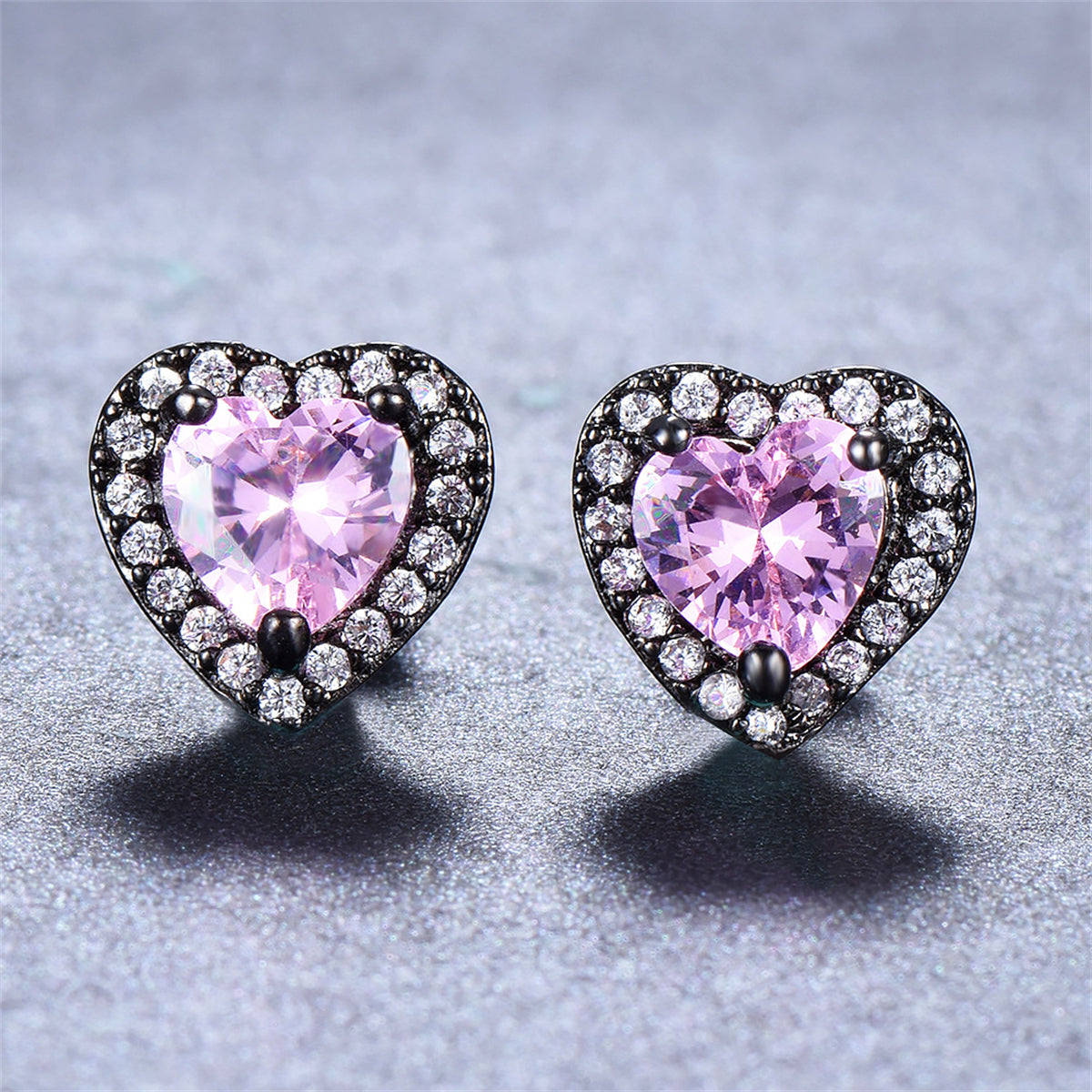 Pink Crystal & Cubic Zirconia Rhodium-Plated Halo Heart Stud Earrings