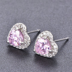 Pink Crystal & Cubic Zirconia Silver-Plated Halo Heart Stud Earrings